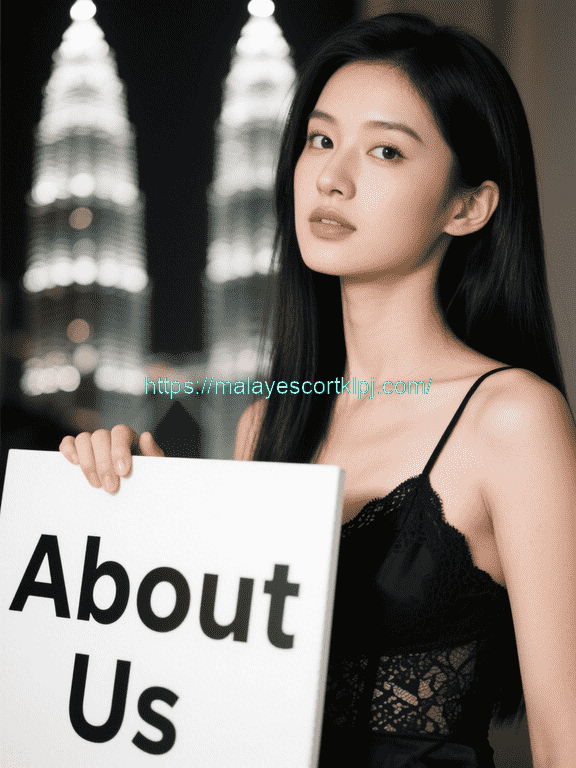 Woman in black dress holding "About Us" sign with cityscape
