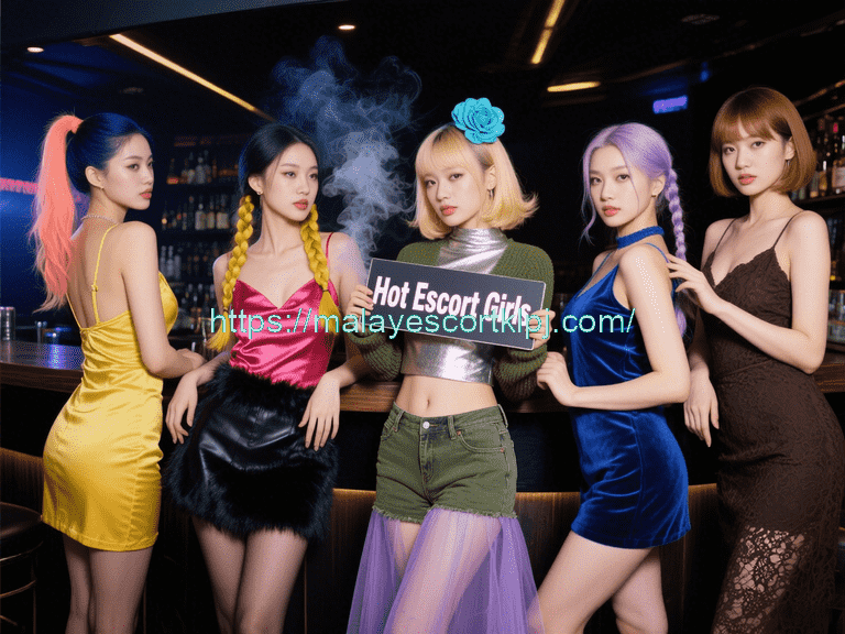 Five women in stylish dresses pose together, holding a sign that says "Hot Escort Girls.