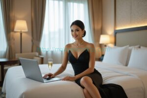 Elegant woman in black dress works on laptop in luxury hotel room, enjoying champagne.