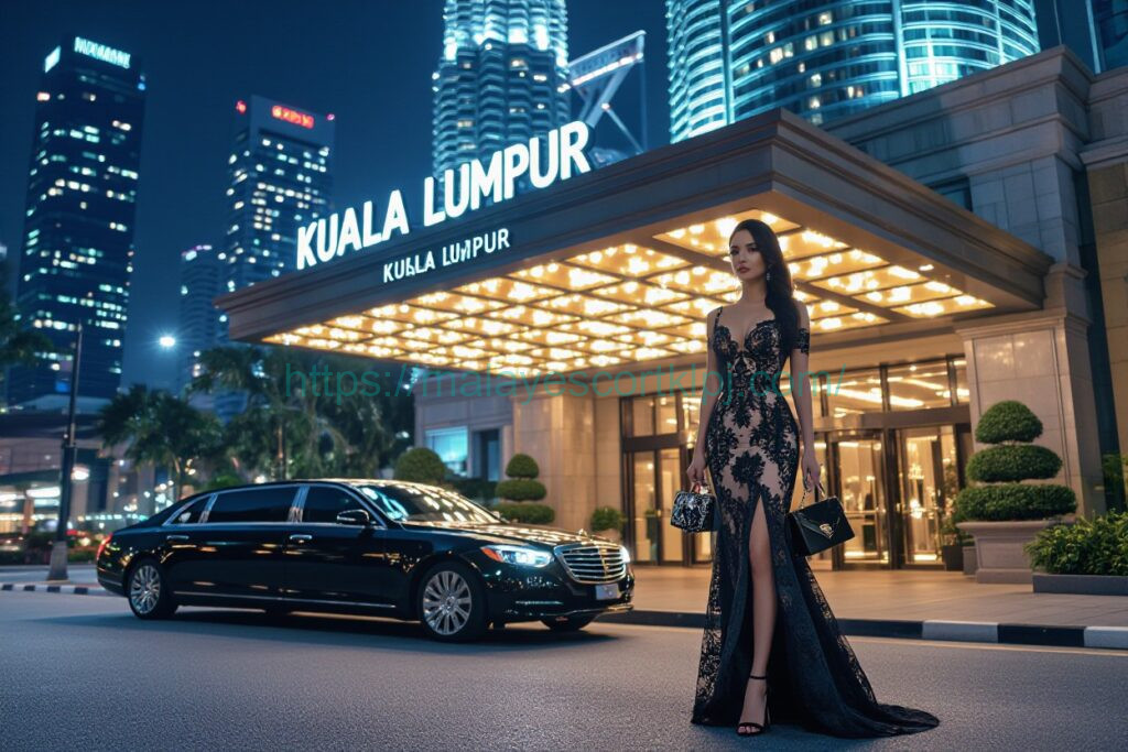 Elegant woman in black lace gown at Kuala Lumpur hotel entrance, luxury car parked nearby.