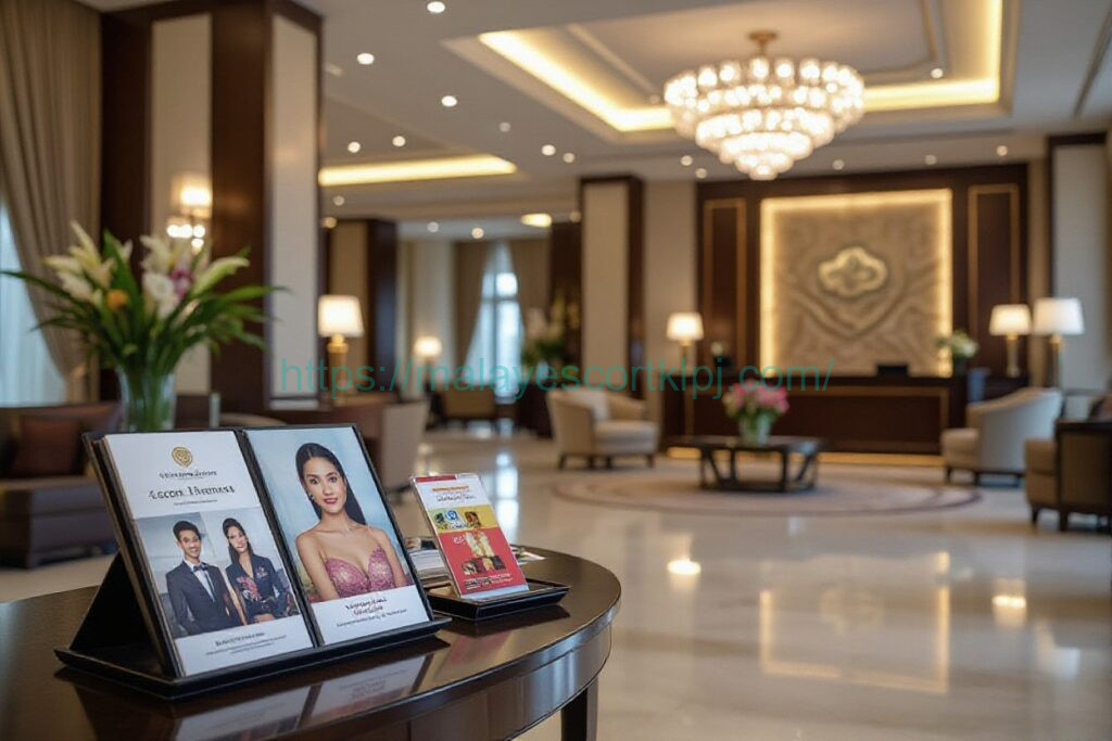 Elegant hotel lobby with chandelier, seating, and promotional materials on a table.