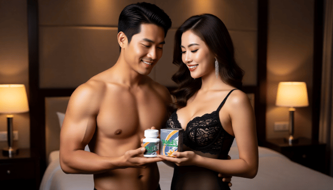 Attractive couple holding CIALIS supplement. Man is shirtless, woman in lingerie.