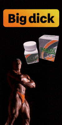 Tadalafil pills, box, and muscular man. Text: "Big dick." Malay Escort KLPJ related health ad concept.