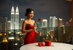 Elegant woman in red dress holds rose with Kuala Lumpur skyline. Gift and champagne on table.