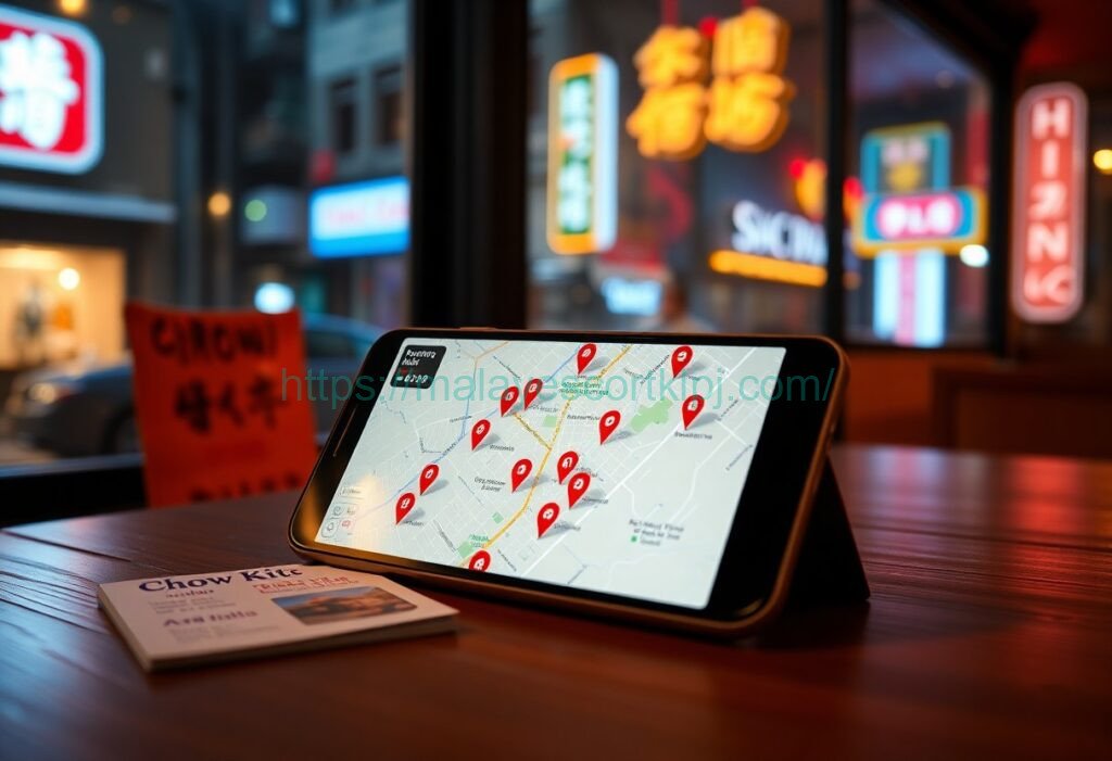 Tablet displaying a map with location pins, set against a backdrop of vibrant Chinatown signs.